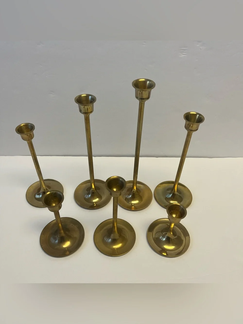 Vintage 7-Piece Solid Brass Taper Candlesticks Set, 3in to 9in tall in Box